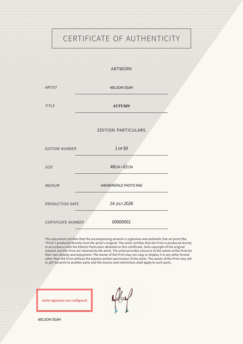 AUTUMN — Certificate of Authenticity
