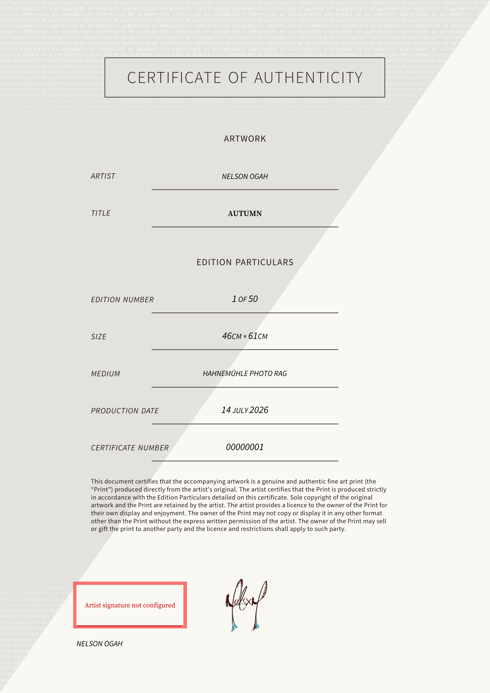 AUTUMN — Certificate of Authenticity