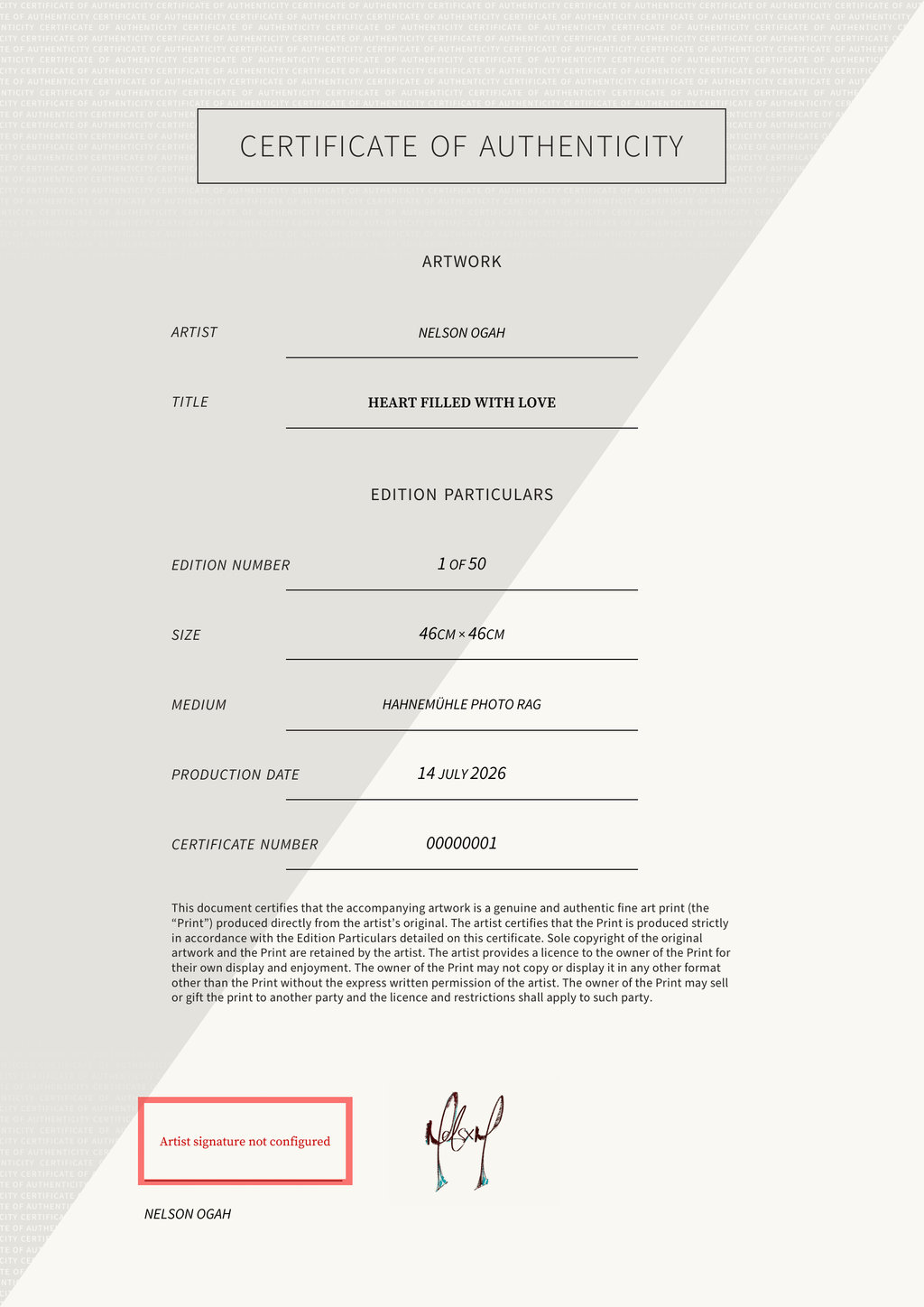 HEART FILLED WITH LOVE — Certificate of Authenticity