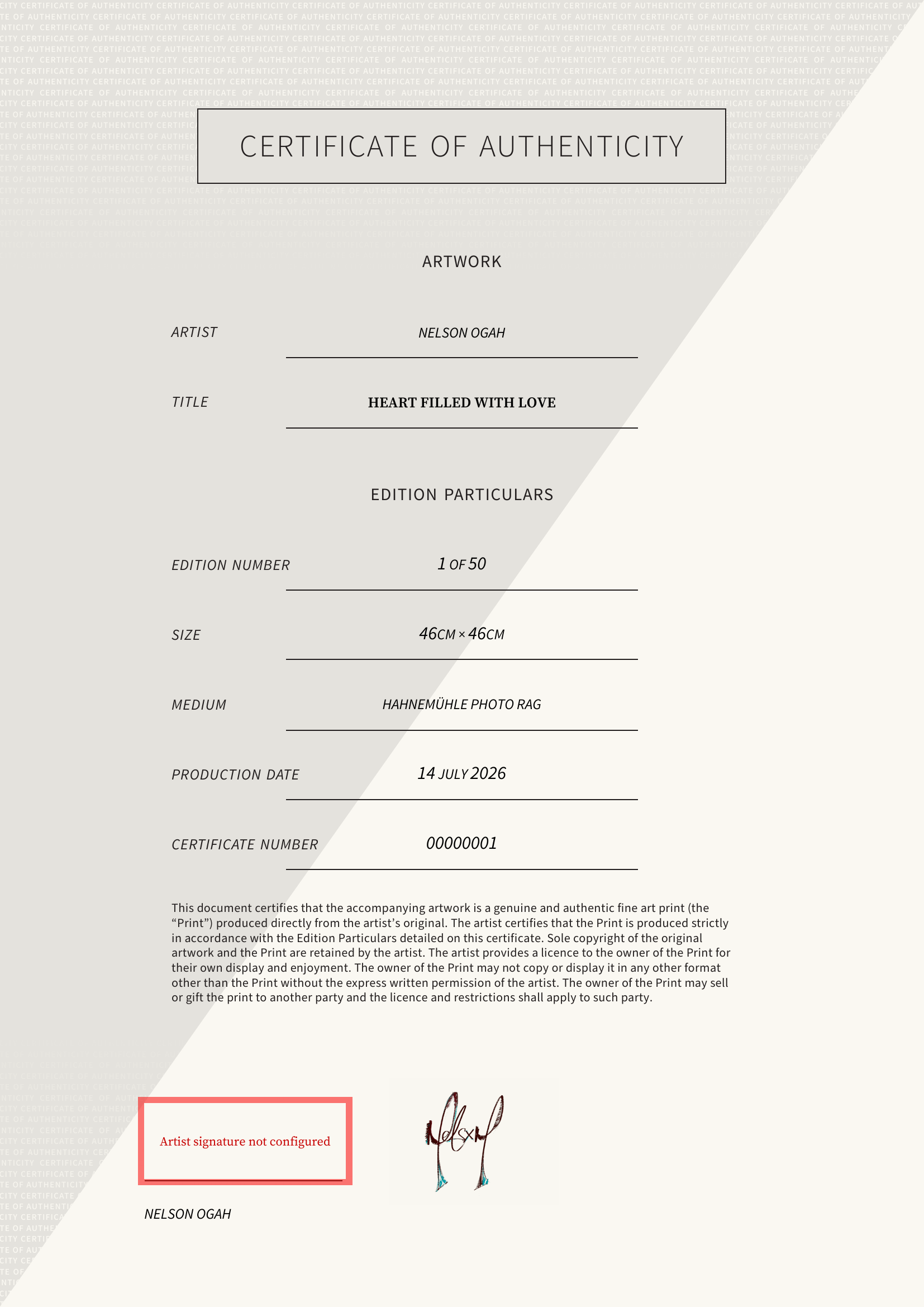 HEART FILLED WITH LOVE — Certificate of Authenticity